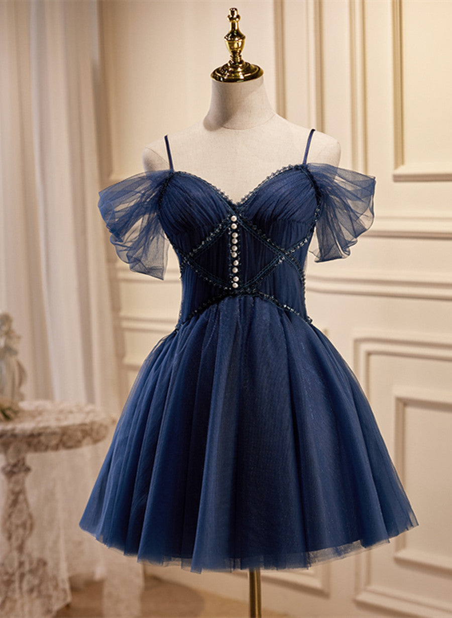 Vestido de fiesta corto de tul azul marino con cuentas 