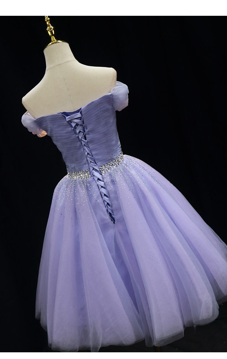 Lindos vestidos de fiesta de tul con cuentas en color morado claro 