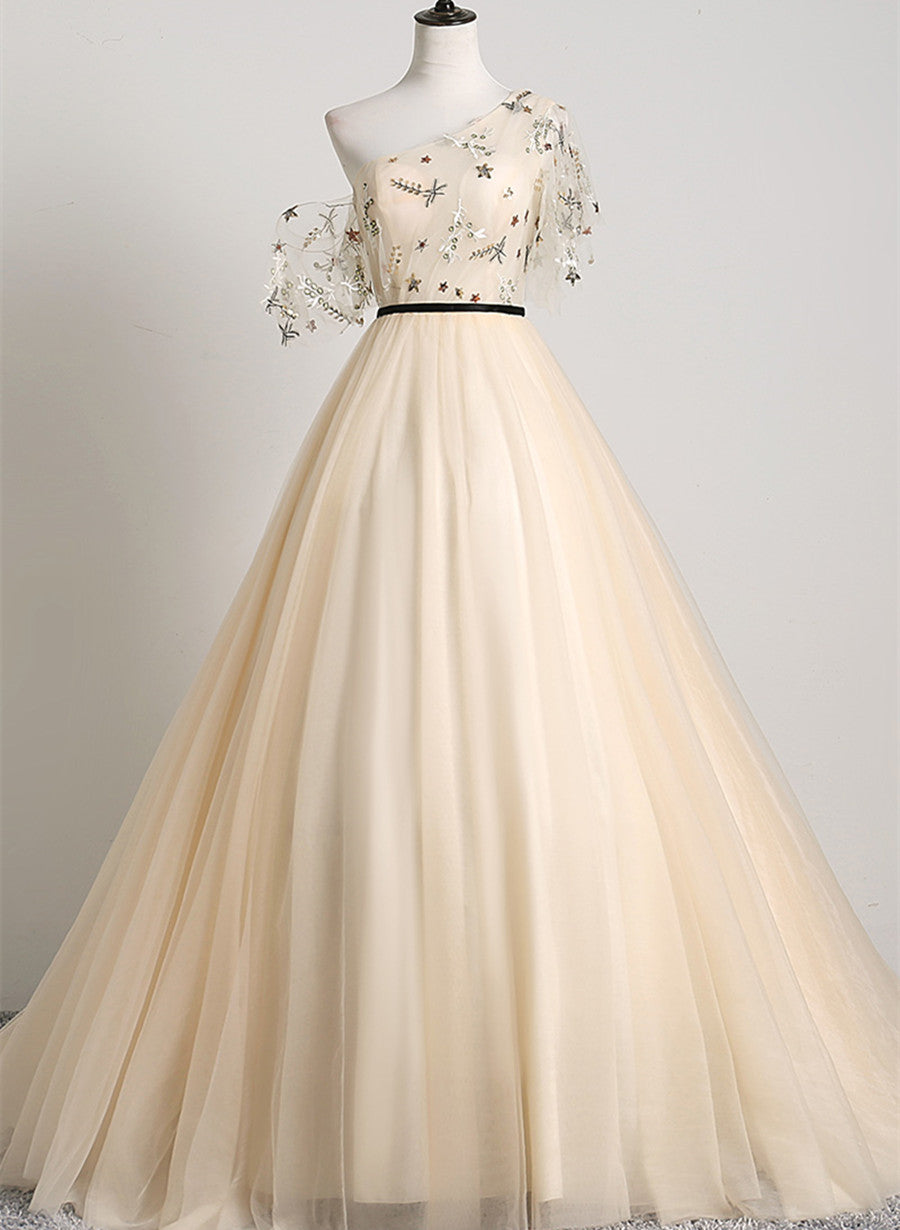 A-line Champagne One Shoulder Prom Dress