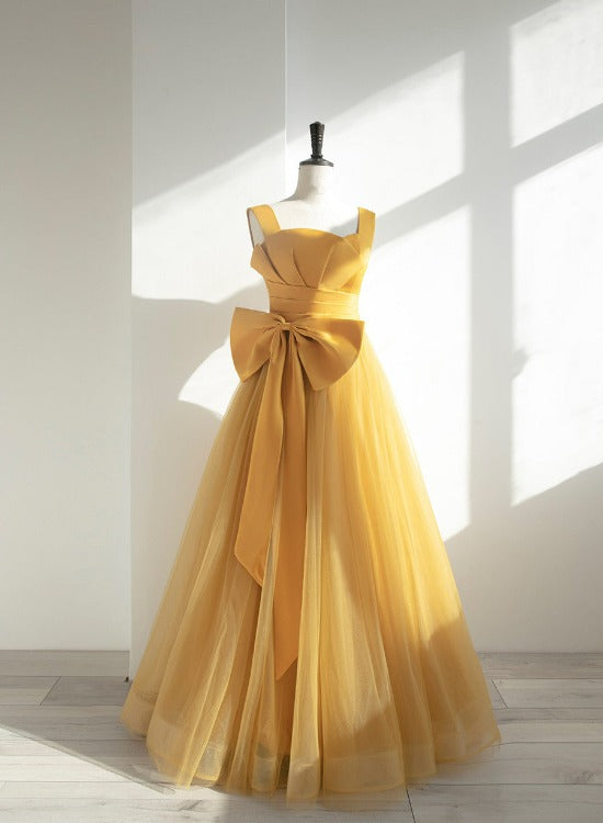 Yellow Tulle Long Party Dress with Bow