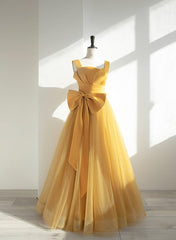 Yellow Tulle Long Party Dress with Bow