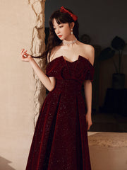 Vestido de fiesta largo hasta el suelo de terciopelo rojo vino 