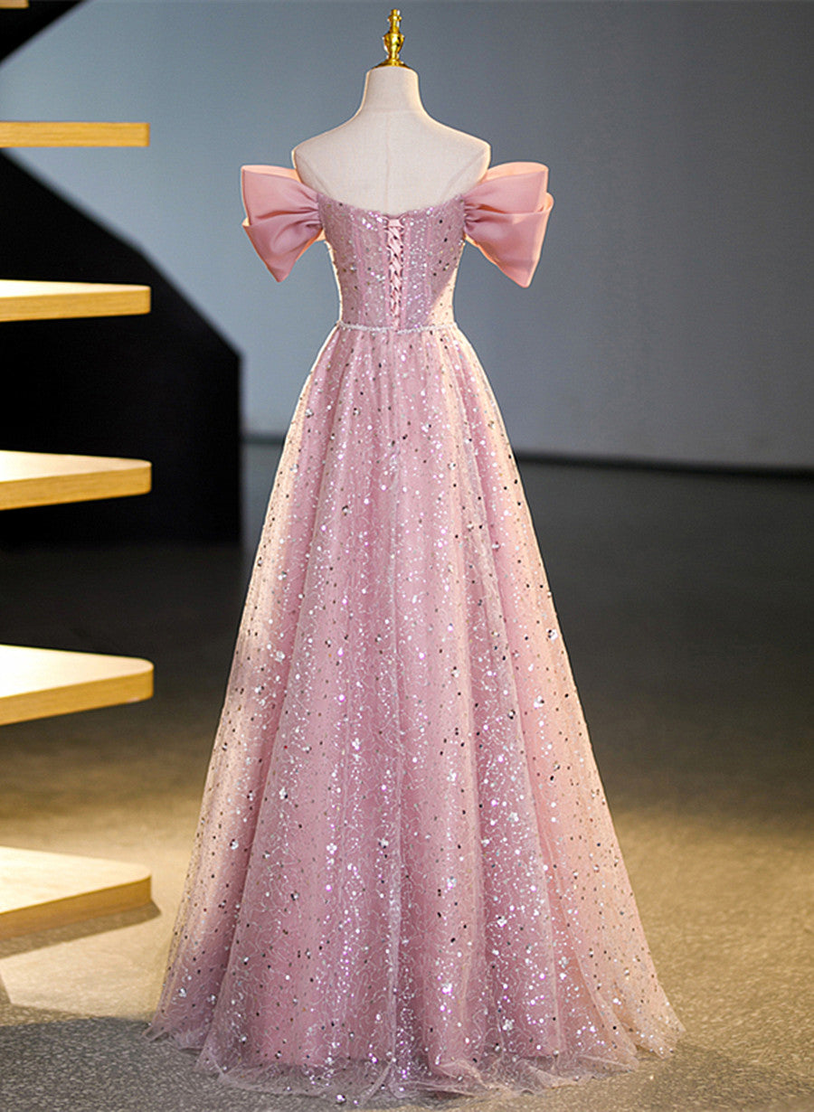 Vestido de fiesta largo de tul brillante con hombros descubiertos en rosa 