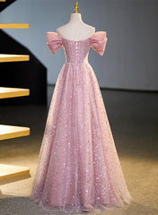 Vestido de fiesta largo de tul brillante con hombros descubiertos en rosa 