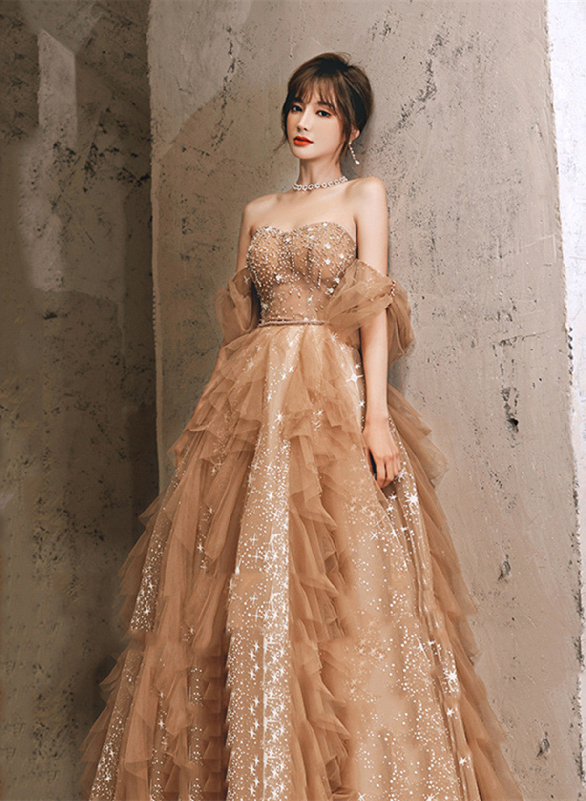 Champagne A-line Tulle Beaded Off Shoulder Prom Dress