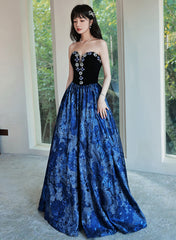Blue Floral Satin Sweetheart Floor Length Party Dress