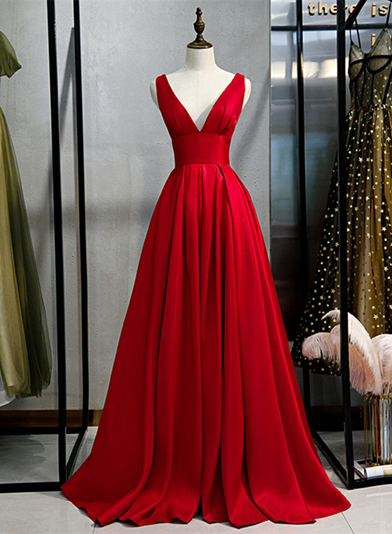 Red Satin Deep V-neckline Prom Gown