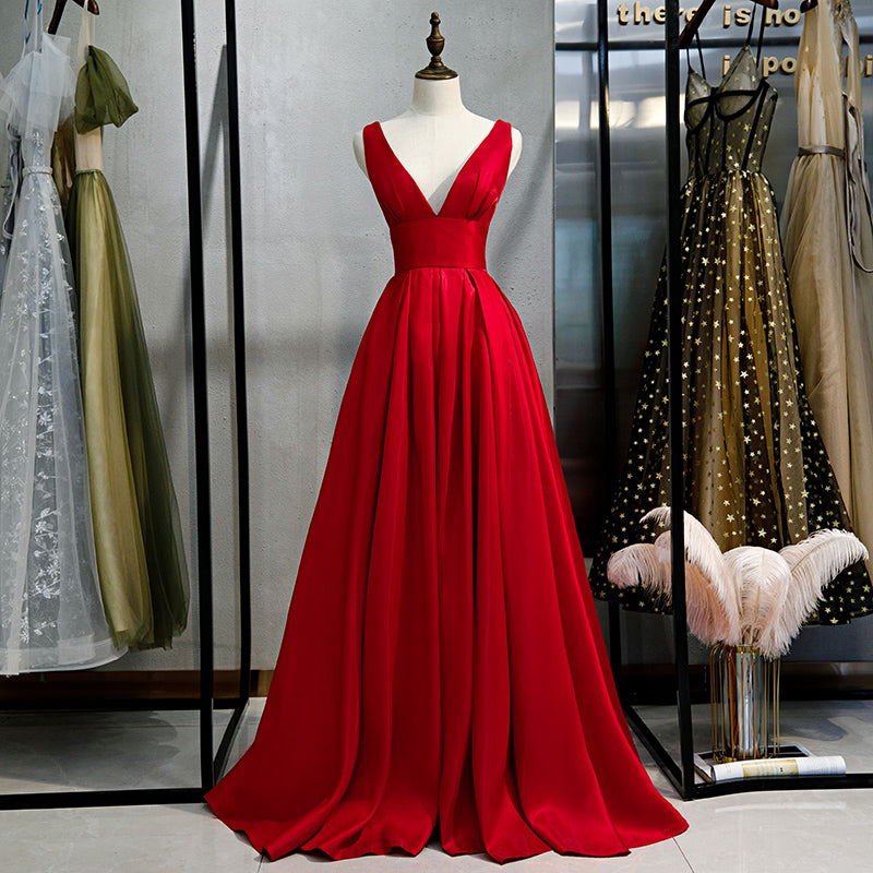 Red Satin Deep V-neckline Prom Gown