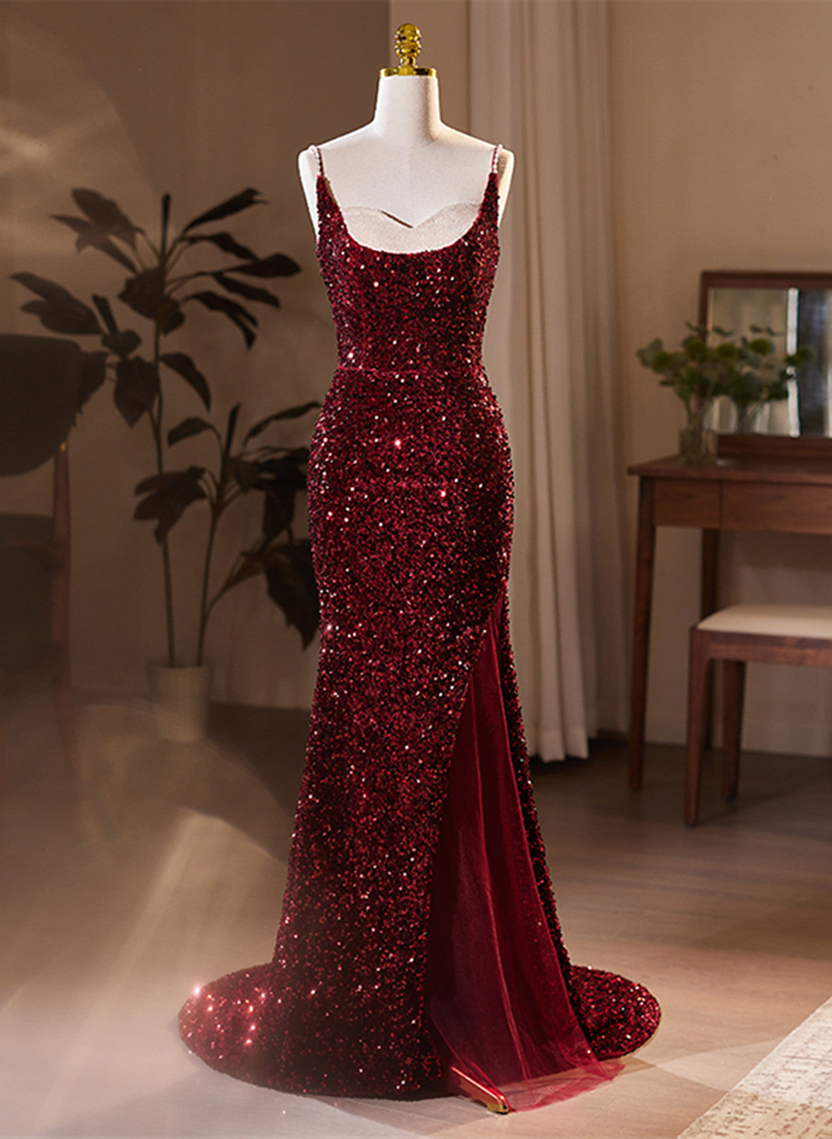 Wine Red Sequins Mermaid Long Formal Dress