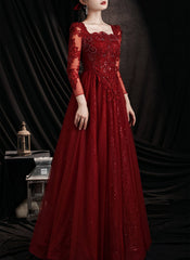 Vestido de fiesta de tul con mangas largas y espalda baja de encaje rojo vino 