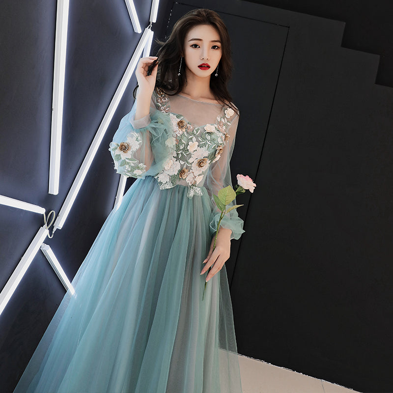 Fashionable Light Green Tulle Long Sleeves Prom Dress