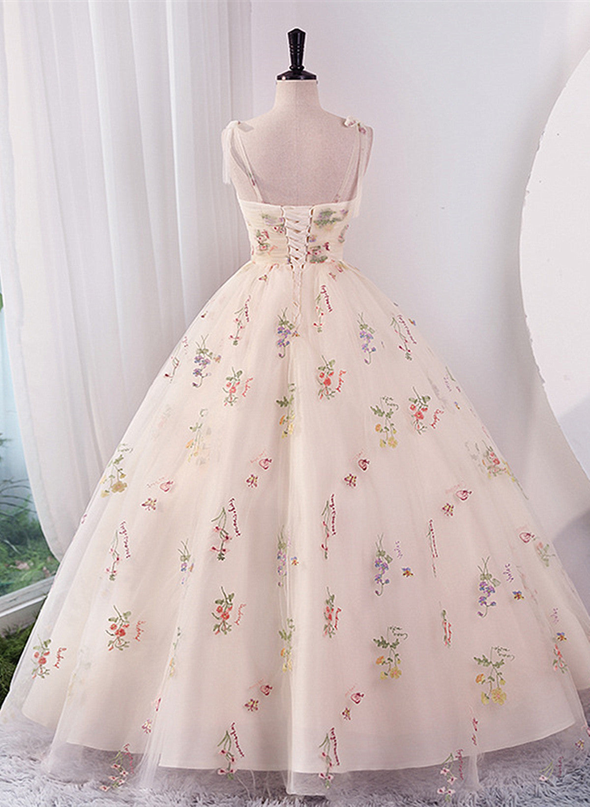 Ivory Floral Tulle Ball Gown Straps Sweet 16 Dress