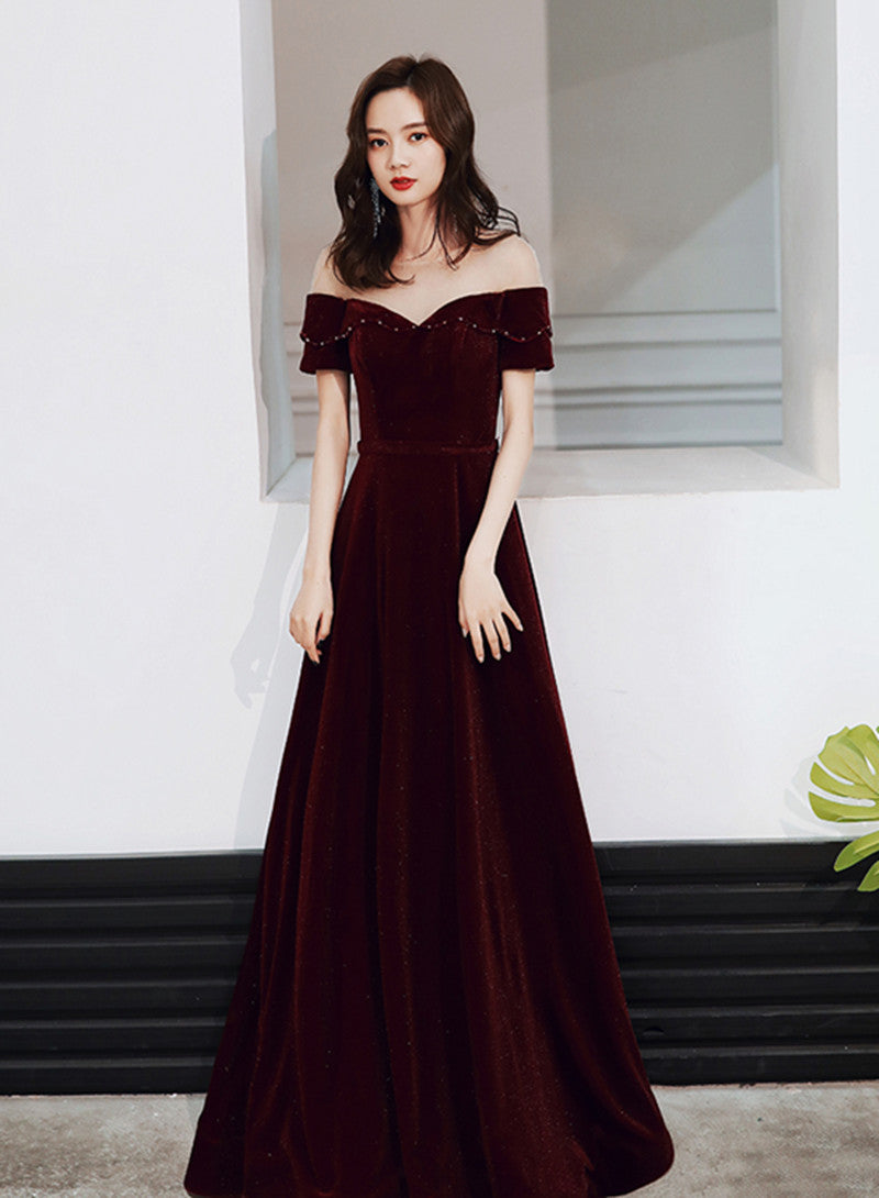 Wine Red Velvet Long A-line Bridesmaid Dress