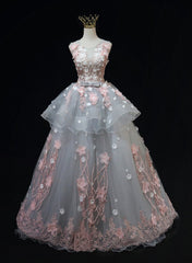 Grey Flowers Round Neckline Tulle with Lace Party Dress
