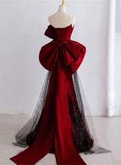 Elegante vestido de fiesta largo de satén rojo vino y negro 