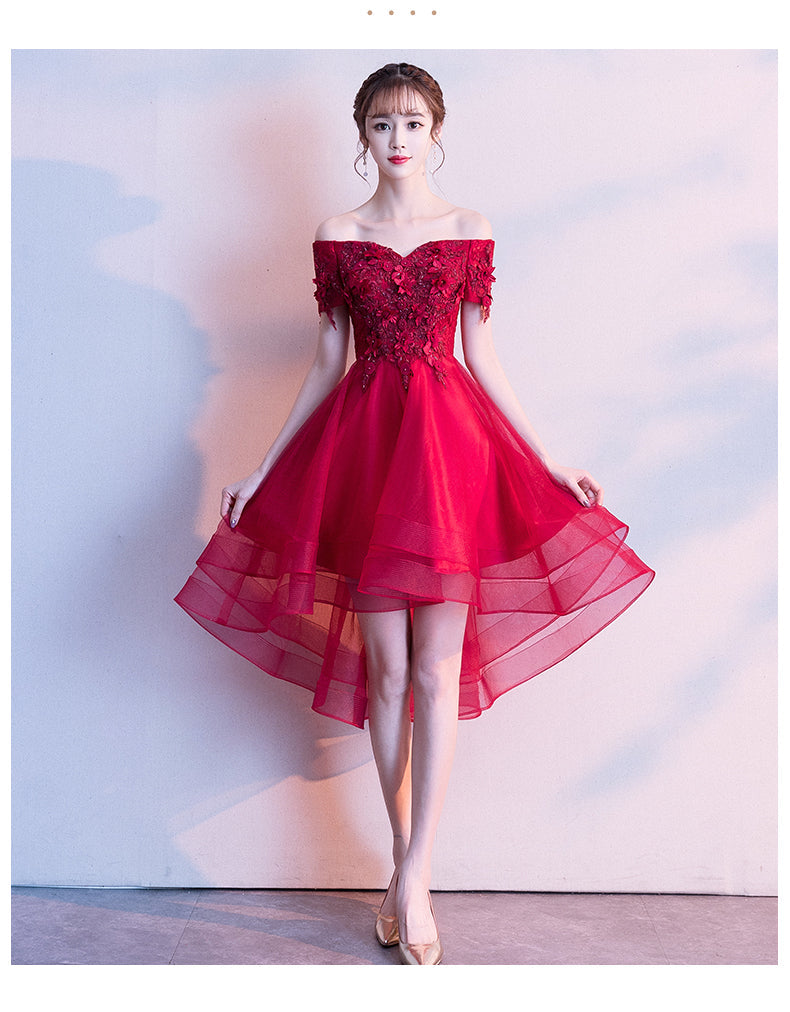 Red High Low Lace Flowers Tulle Off Shoulder Party Dress