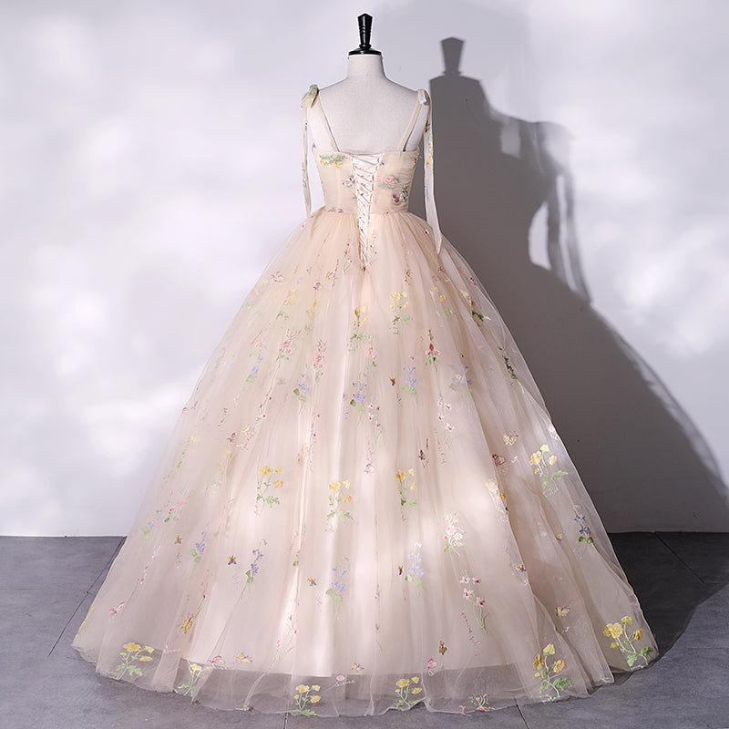 Champagne Floral Tulle Straps Sweetheart Long Party Dress