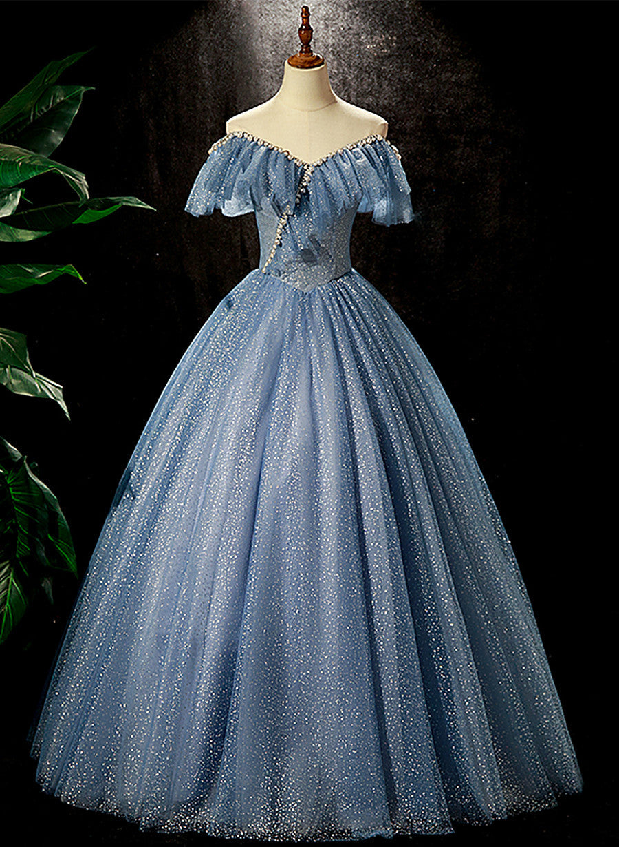 Vestido de fiesta largo con cuentas y hombros descubiertos en azul brillante 