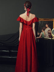 Vestido formal rojo largo de fiesta con hombros descubiertos y corte A 
