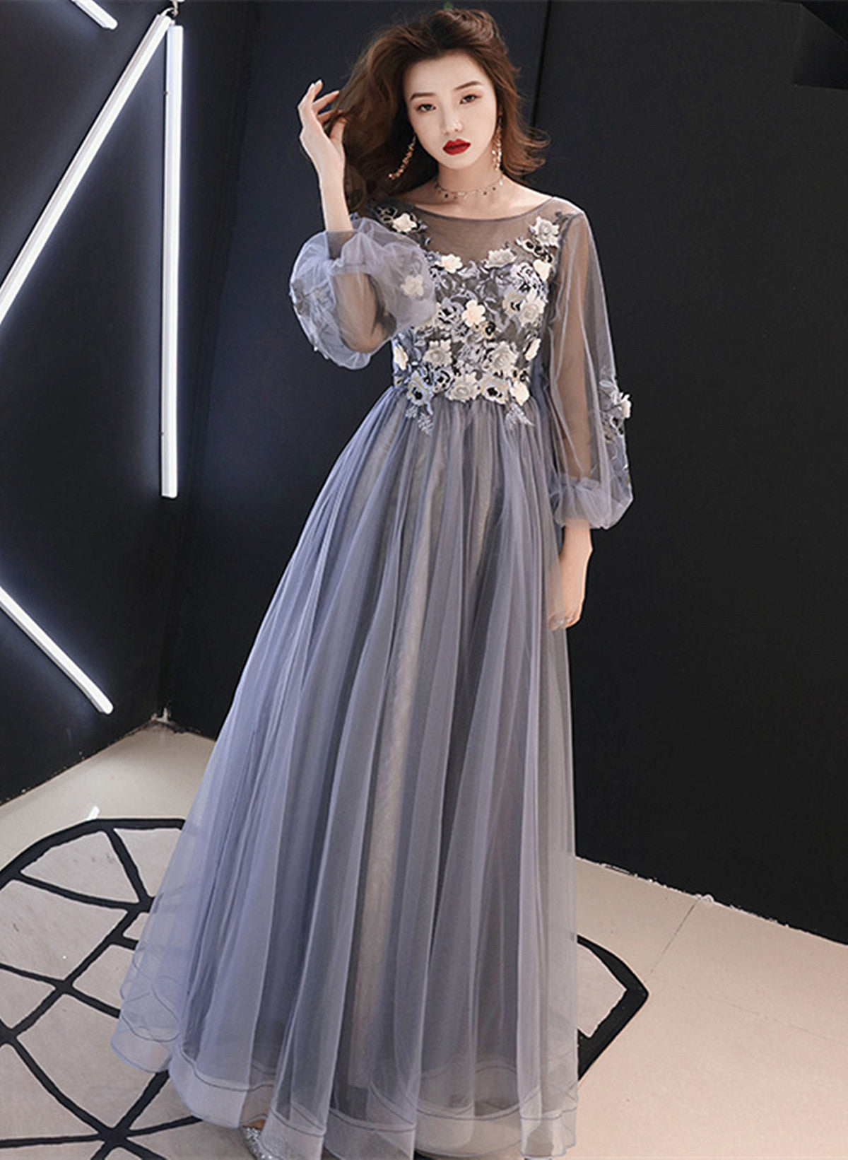 A-line Puffy Long Sleeves Flowers Tulle Party Dress