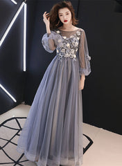 A-line Puffy Long Sleeves Flowers Tulle Party Dress