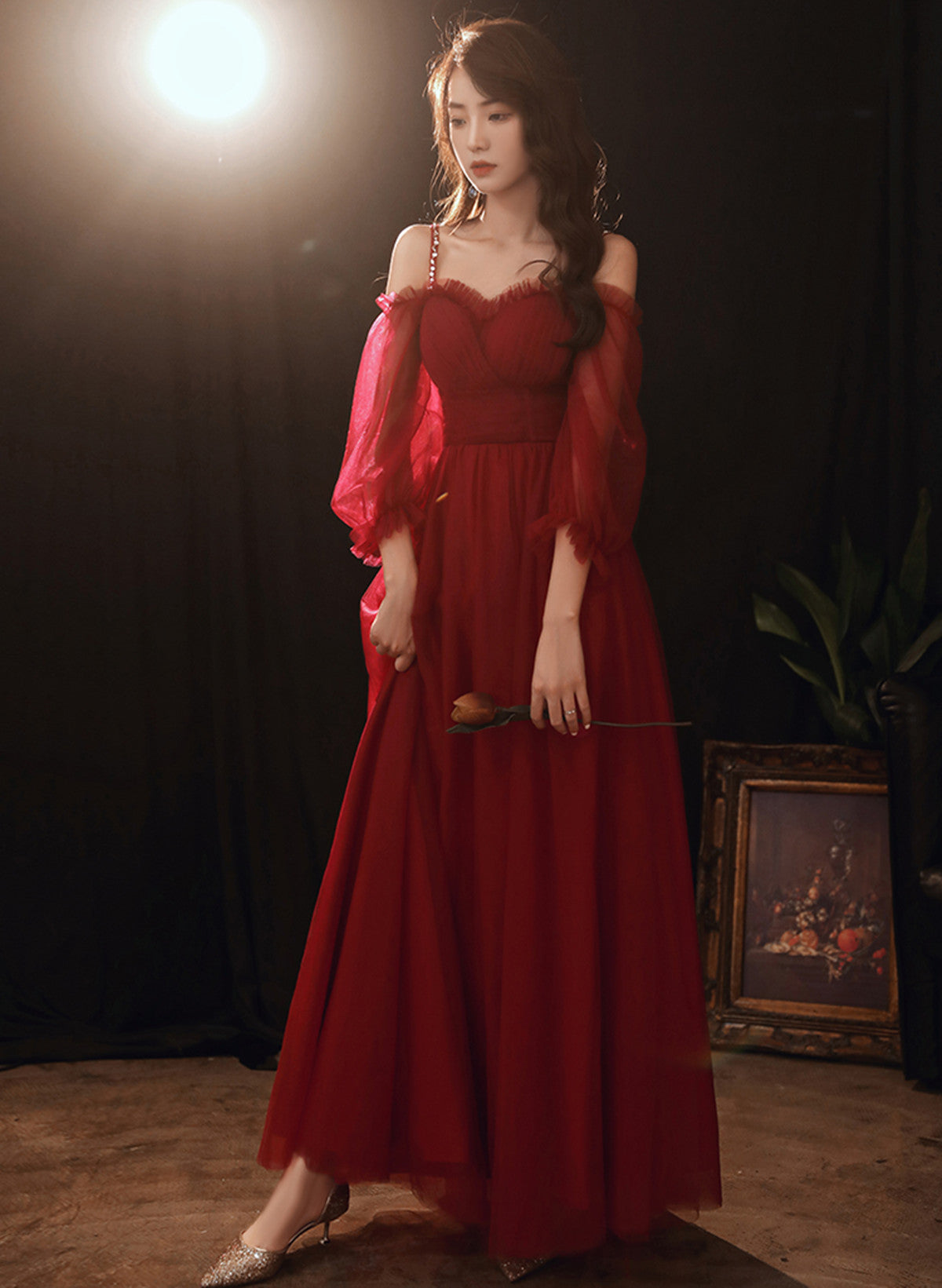 A-line Wine Red Beaded Straps Tulle Prom Dress
