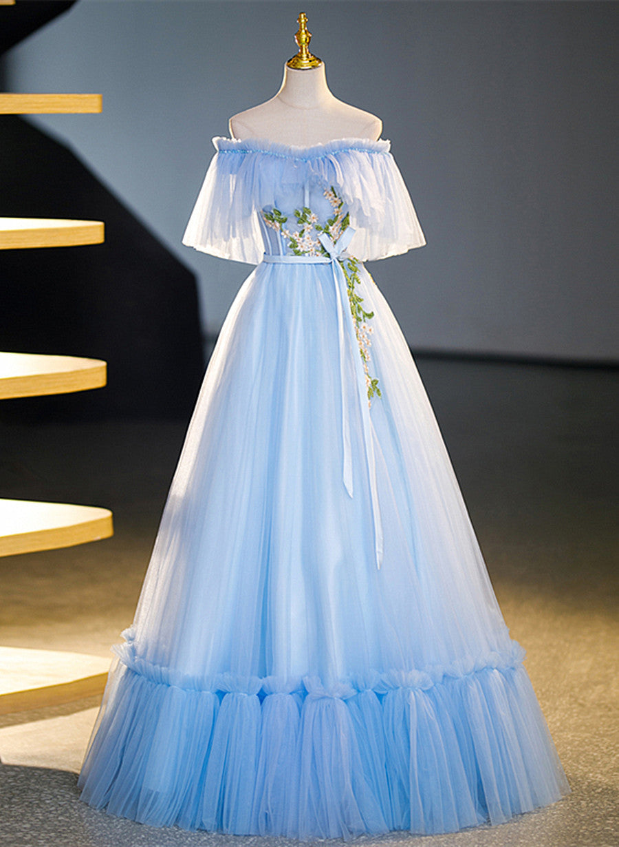Light Blue Tulle Off Shoulder with Lace Applique Prom Dress