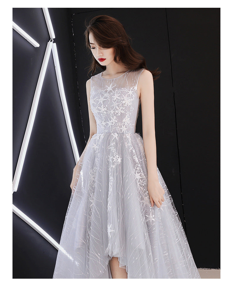 Light Grey Lace High Low Round Neckline Homecoming Dress