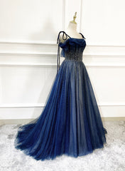 Vestidos de fiesta largos con tirantes de tul azul marino brillante 