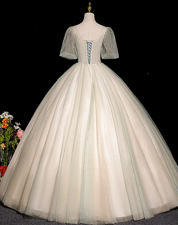 Lovely Green and Champagne Tulle Long Formal Dress