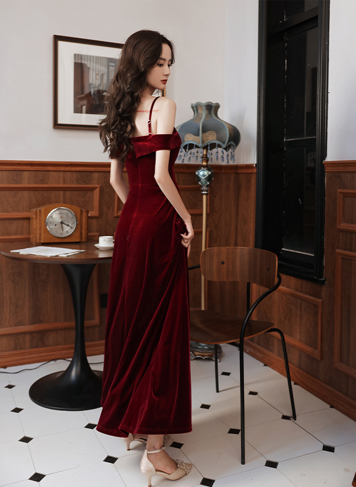 Wine Red Velvet Simple Sweetheart Off Shoulder Party Dress