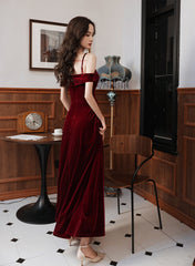 Wine Red Velvet Simple Sweetheart Off Shoulder Party Dress