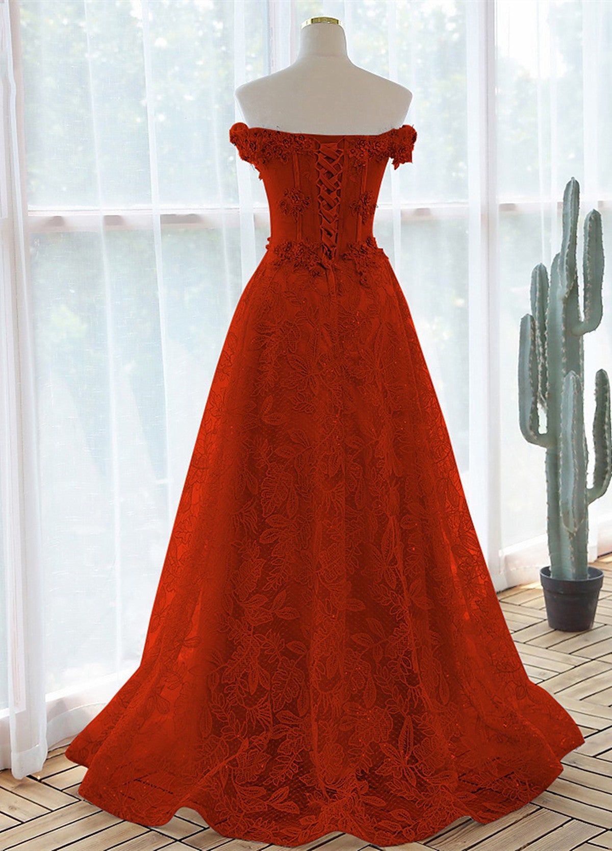 A-line Red Lace Off Shoulder Sweetheart Prom Dress