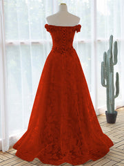 Vestido de fiesta rojo con flores y encaje, corte A y hombros descubiertos 