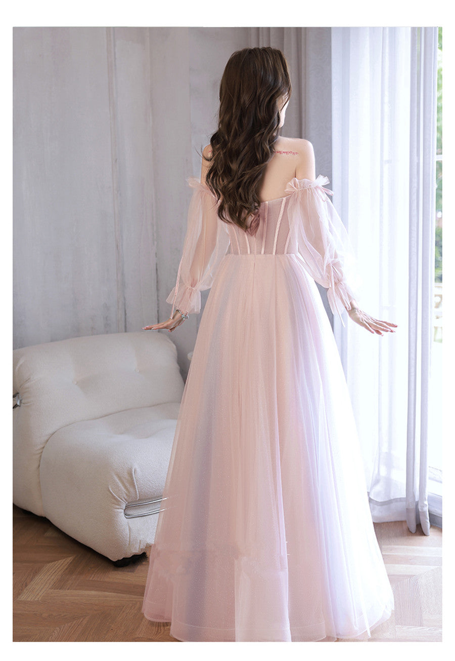Light Pink Off Shoulder A-line Tulle Prom Dress with Lace