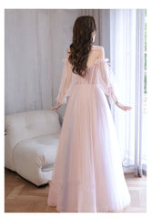 Light Pink Off Shoulder A-line Tulle Prom Dress with Lace