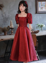 Lovely Wine Red Short Sleeves Organza Party Dress