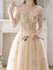 Light Champagne Floral Tulle Off Shoulder Party Dress