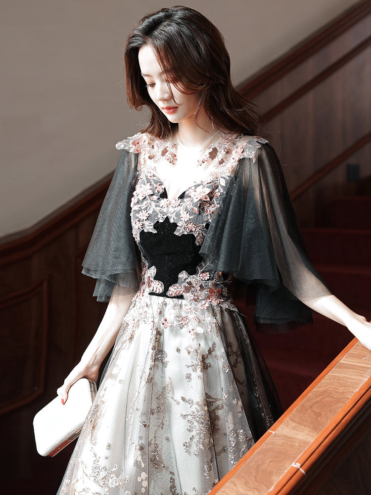 Black Velvet and Tulle with Lace Long Prom Dress