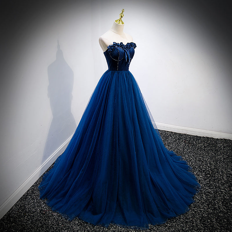 Vestido formal largo de tul y top de terciopelo azul marino 