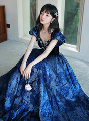 Blue Floral Satin Sweetheart Floor Length Party Dress