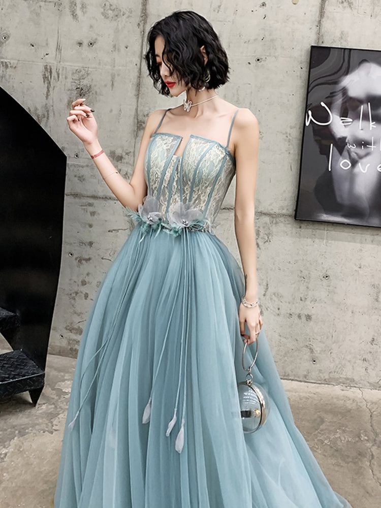 A-line Tulle Straps Long Blue Floor Length Party Dress