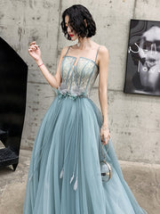 A-line Tulle Straps Long Blue Floor Length Party Dress