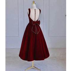 Wine Red Tea Length Velvet Party Dress with Bow