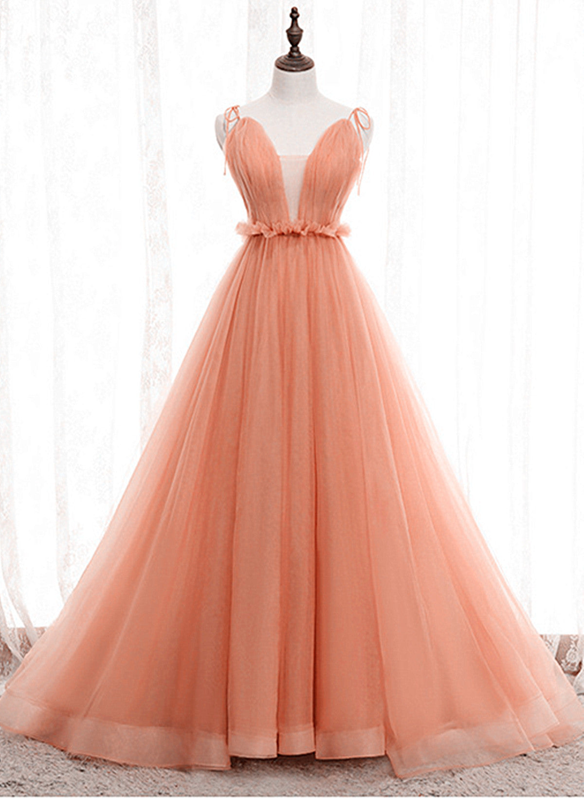 A-line Tulle Straps Low Back Long Wedding Party Dress