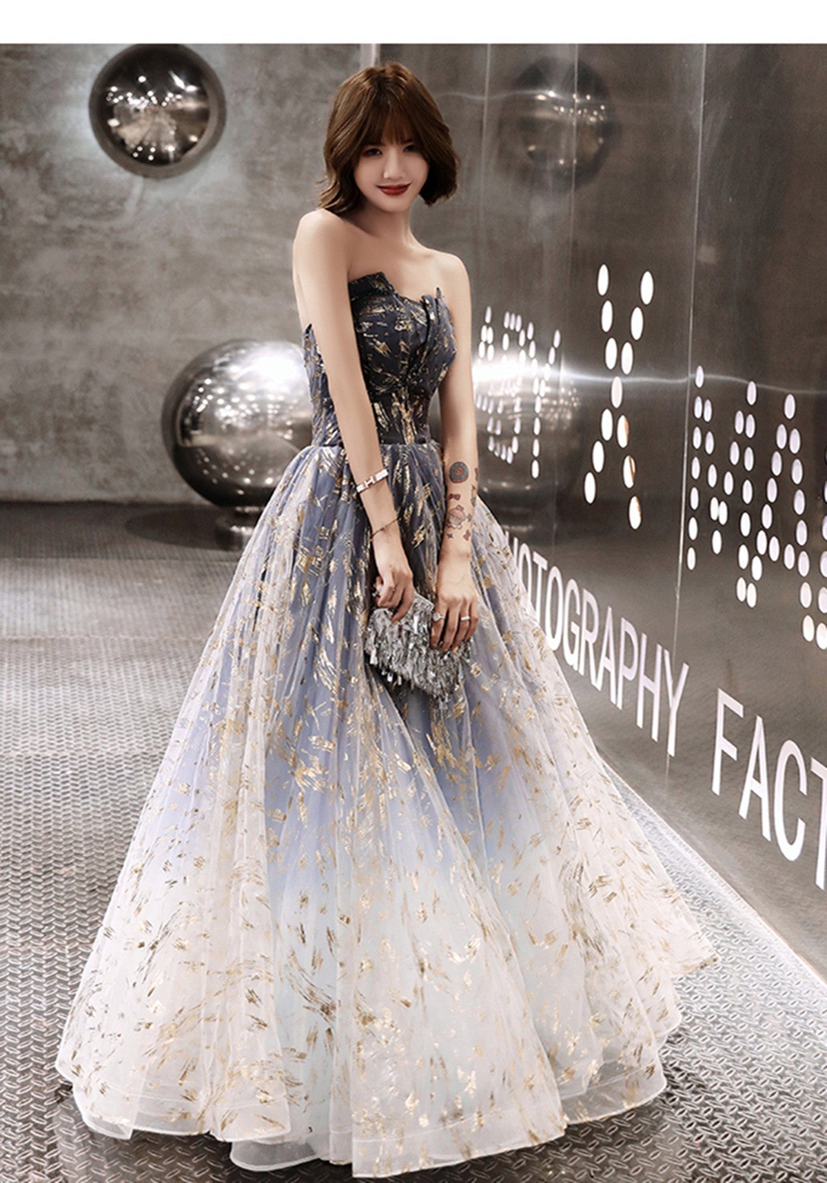 Blue Cute Tulle Gradient Long Party Dress