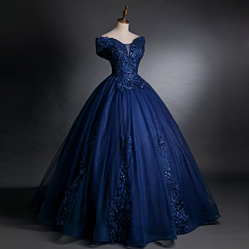Vestido de fiesta azul marino con hombros descubiertos de tul y encaje para dulces 16 