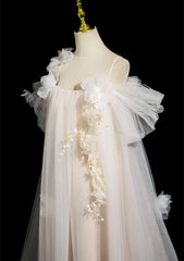 Vestido de fiesta de boda largo con escote redondo de tul color marfil con flores 