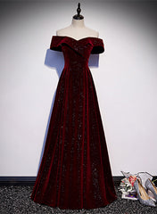 Off Shoulder Wine Red Velvet Long Party Dress