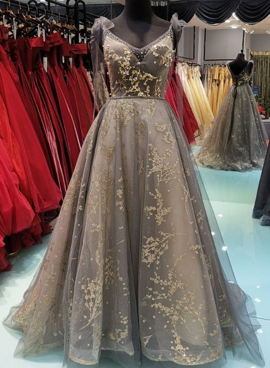 Vestido formal largo hasta el suelo con escote en V y encaje, corte A, personalizable 